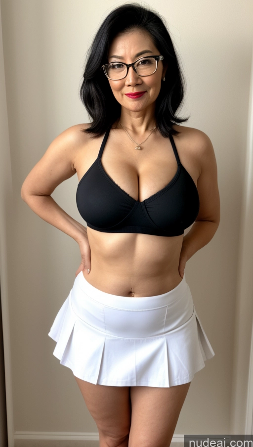 ai nude image of arafed woman in a black bra top and white skirt posing for a picture pics of Milf One Busty Big Hips Pubic Hair Fairer Skin Big Ass Glasses Lipstick 60s Asian Black Hair Denise Doll Likeness Cheerleader Outfit Blue Archive