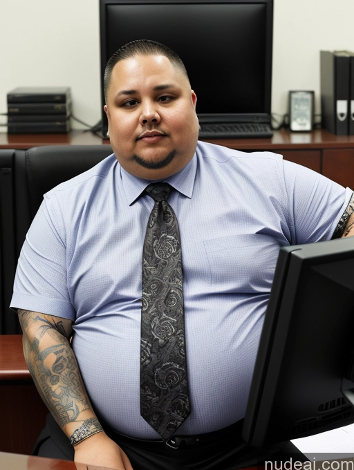 ai nude image of arafed man sitting at a desk with a computer and a monitor pics of Fat Tattoos 50s Tie Office