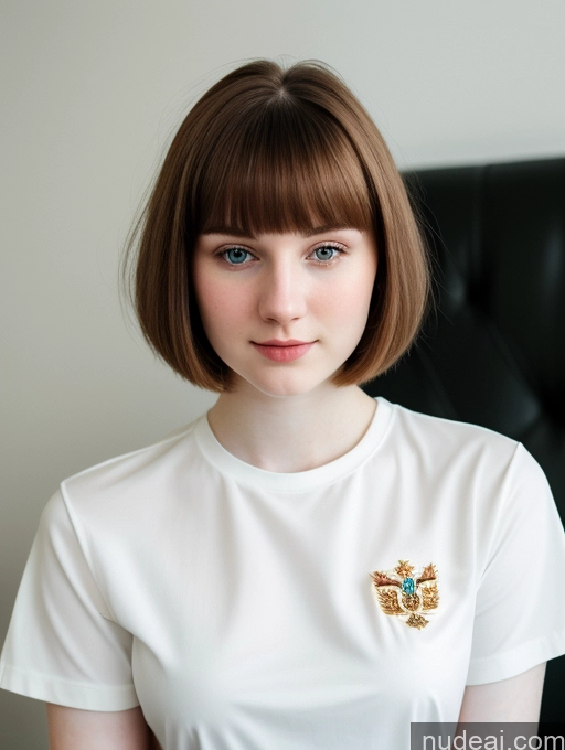 ai nude image of arafed woman with a white shirt and a gold brooch pics of Beautiful Fairer Skin 18 Bobcut Russian Brunette Thick Close-up View Shirt