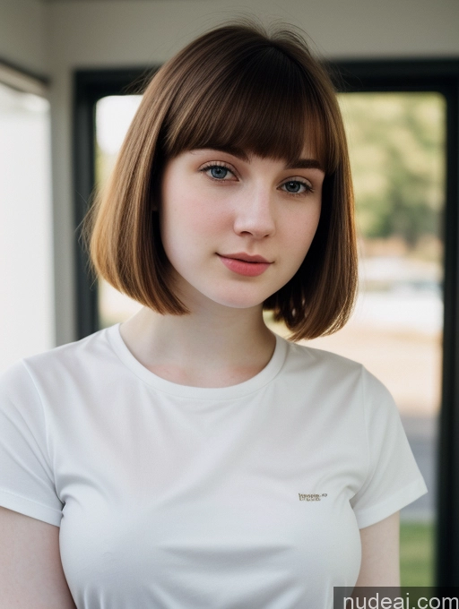 ai nude image of there is a woman with a white shirt and a brown hair pics of Beautiful Fairer Skin Thick 18 Brunette Bobcut Russian Close-up View Shirt