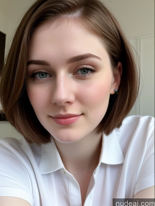 ai nude image of arafed woman with a white shirt and a brown hair pics of Beautiful Fairer Skin Thick 18 Brunette Bobcut Russian Close-up View Shirt