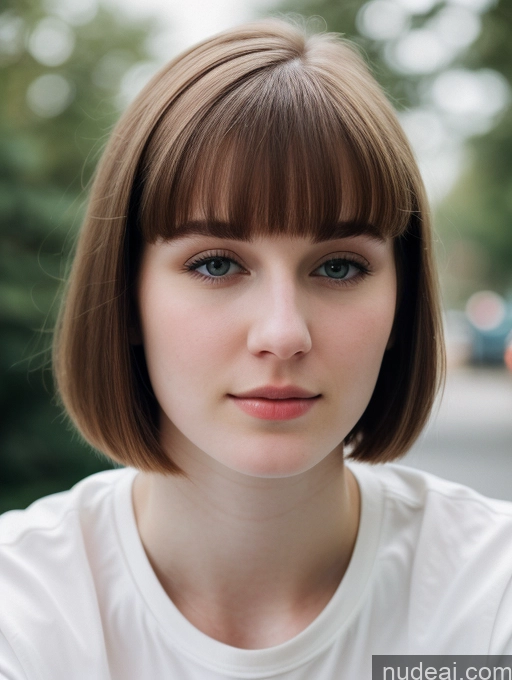 ai nude image of arafed woman with a short bob cut and bangs pics of Beautiful Fairer Skin Thick 18 Brunette Bobcut Russian Close-up View Shirt