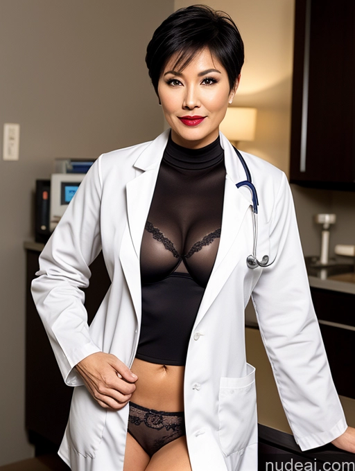 ai nude image of arafed woman in a lab coat and panties posing for a picture pics of Milf Perfect Boobs Lipstick Pixie Asian Bra Doctor Lab Coat Cleavage Partially Nude Dark Lighting