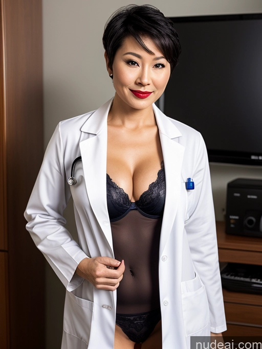 ai nude image of arafed woman in a lab coat and panties posing for a picture pics of Milf Perfect Boobs Lipstick Pixie Asian Bra Doctor Lab Coat Cleavage Partially Nude Dark Lighting