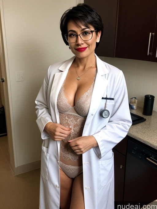 ai nude image of arafed woman in a lab coat and glasses posing for a picture pics of Milf Perfect Boobs Lipstick Pixie Asian Bra Doctor Lab Coat Cleavage Partially Nude Dark Lighting Beautiful Glasses Perfect Body Pubic Hair