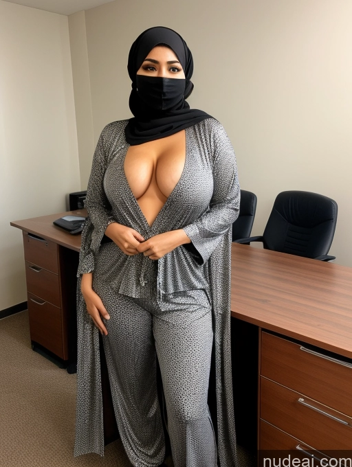 ai nude image of araffe wearing a black mask and a gray top and pants pics of Milf One Chubby 40s Sexy Face Black Hair Office High Heels Messy Perfect Boobs T-pose Front View Topless Cleavage Jeans Niqab Indonesian Pajamas