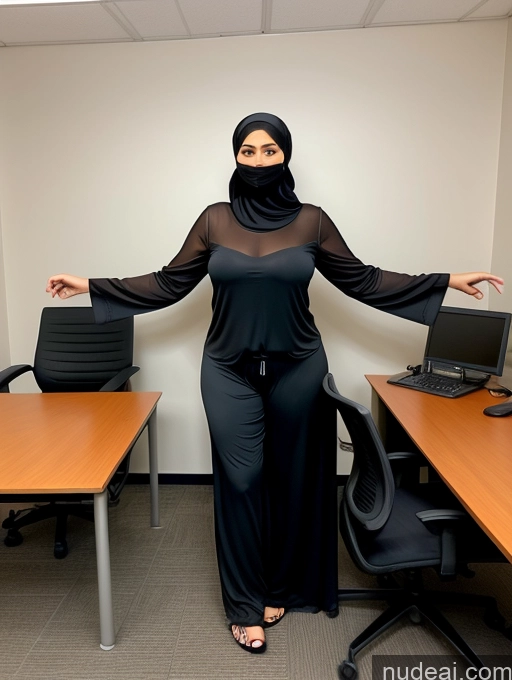 ai nude image of woman in black outfit standing in an office with her arms out pics of Milf One Chubby 40s Sexy Face Black Hair Office High Heels Messy Perfect Boobs T-pose Front View Jeans Niqab Indonesian Pajamas Transparent