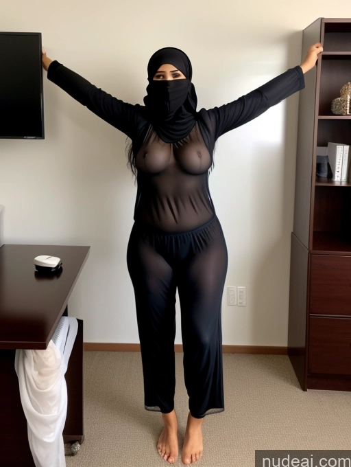 ai nude image of araffe in a black outfit and a black mask is posing in a room pics of Milf One Chubby 40s Sexy Face Black Hair Office High Heels Messy Perfect Boobs T-pose Front View Niqab Indonesian Pajamas Transparent Partially Nude