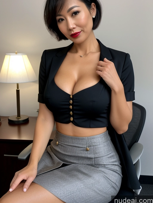 ai nude image of there is a woman sitting on a chair with a black top pics of Milf Perfect Boobs Lipstick 50s Pixie Vietnamese Spreading Legs Casual Partially Nude Dark Lighting Several Office Blouse Mini Skirt Suit