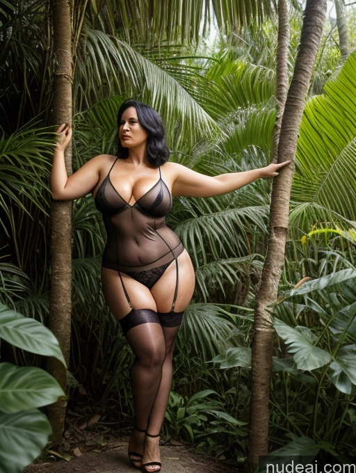 ai nude image of a woman in a black lingerie posing in a forest pics of Milf One Chubby 40s Sexy Face Black Hair High Heels Messy T-pose Front View Indonesian Transparent Perfect Boobs Big Ass Satin Jungle