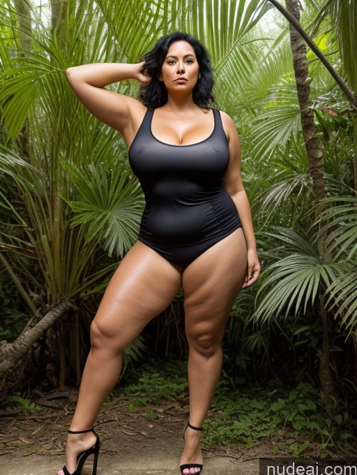 ai nude image of araffe woman in a black swimsuit posing in a tropical setting pics of Milf One Chubby 40s Sexy Face Black Hair High Heels Messy T-pose Front View Indonesian Transparent Perfect Boobs Big Ass Jungle Spandex