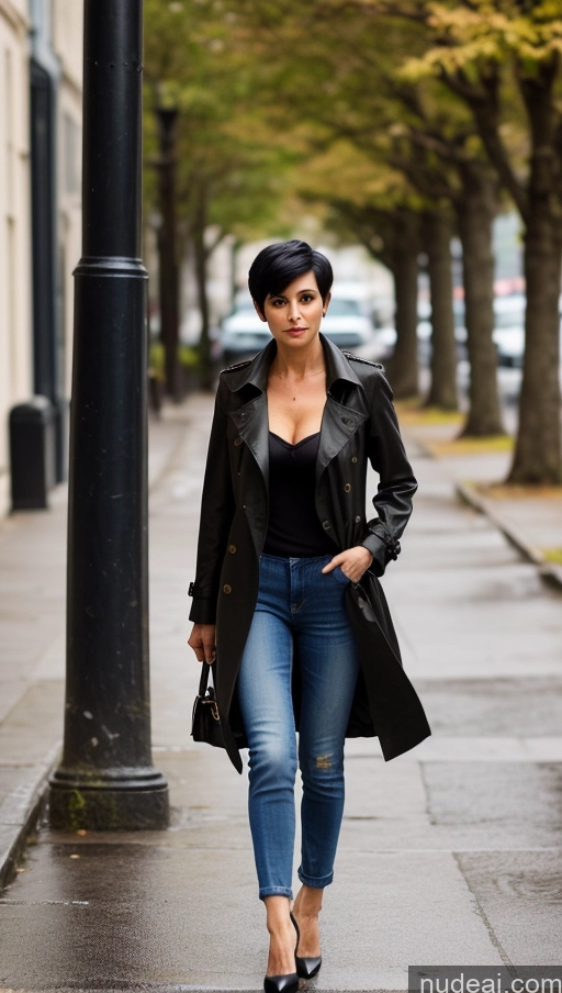 ai nude image of woman walking down the street in a black coat and jeans pics of Milf One Small Tits Skinny Perfect Body Black Hair Street Front View High Heels Jeans Detailed Pixie Trench Coat