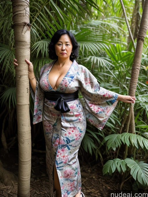 ai nude image of araffe woman in a kimono standing in a tropical forest pics of Milf One Chubby 40s Sexy Face Black Hair High Heels Messy T-pose Indonesian Perfect Boobs Big Ass Jungle Kimono Cleavage Close-up View