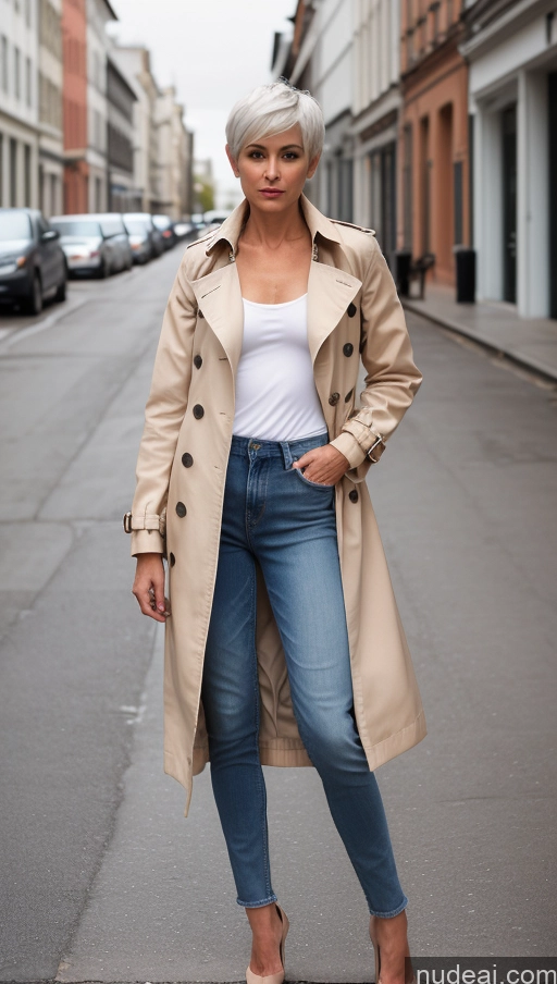 ai nude image of arafed woman in a trench coat and jeans standing on a street pics of Woman One Small Tits Skinny Perfect Body 50s Street Front View Nude Trench Coat High Heels Detailed Jeans White Hair Pixie