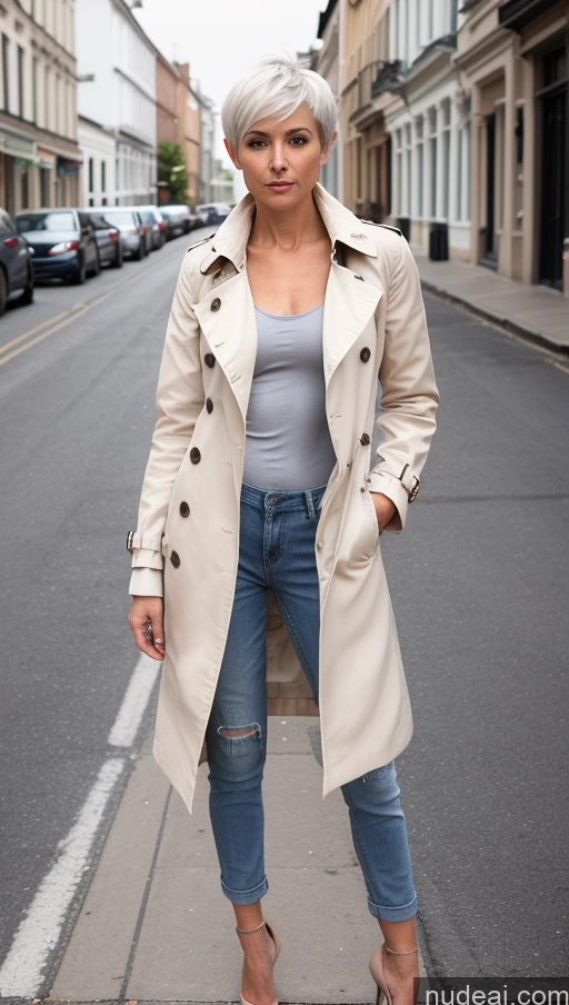 ai nude image of arafed woman in a trench coat and jeans standing on a city street pics of Woman One Small Tits Skinny Perfect Body 50s Street Front View Nude Trench Coat High Heels Detailed Jeans White Hair Pixie