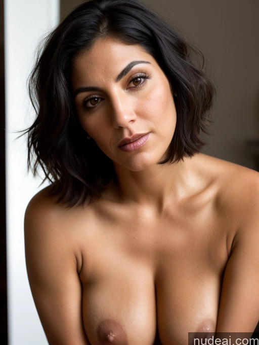 ai nude image of arafed woman with a very big breast posing naked pics of Bending Over Seductive Serious Sad Sexy Face Shocked Busty Tanned Skin Black Hair Bobcut Jewish Pubic Hair Close-up View Milf 20s