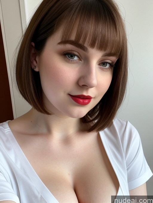 ai nude image of arafed woman with a red lip and a white shirt pics of Beautiful Fairer Skin Thick 18 Brunette Bobcut Russian Close-up View Lipstick Shirt Perfect Boobs Busty