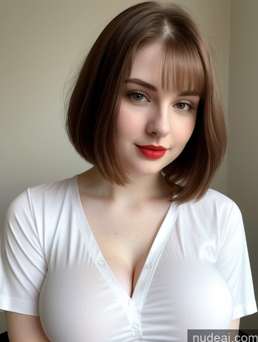 ai nude image of arafed woman with a white shirt and red lipstick posing for a picture pics of Beautiful Fairer Skin Thick 18 Brunette Bobcut Russian Close-up View Lipstick Shirt Perfect Boobs Busty