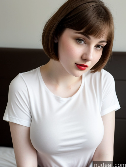 ai nude image of there is a woman sitting on a bed with a red lipstick pics of Beautiful Fairer Skin Thick 18 Brunette Bobcut Russian Close-up View Lipstick Shirt Perfect Boobs Busty