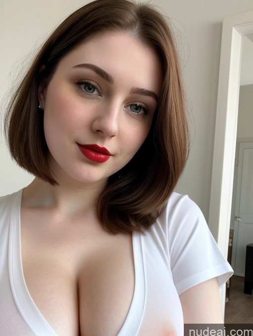 ai nude image of there is a woman with a red lipstick and a white shirt pics of Beautiful Fairer Skin Thick 18 Brunette Bobcut Russian Close-up View Lipstick Shirt Perfect Boobs Busty