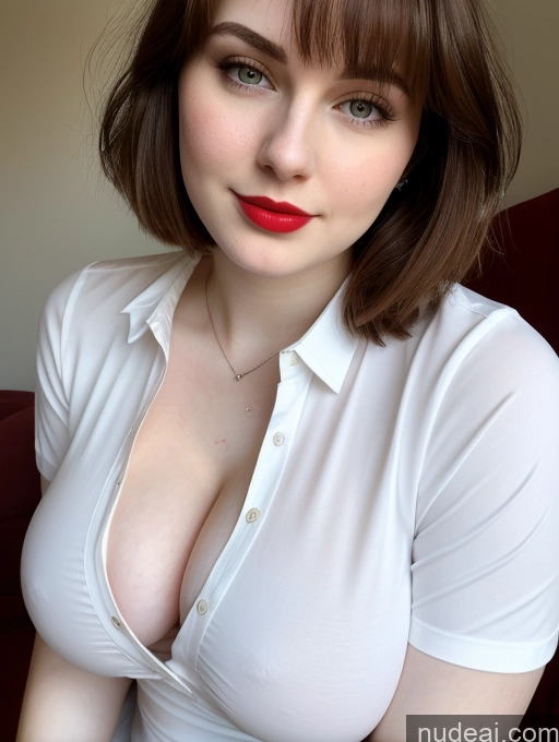 ai nude image of arafed woman with a red lip and a white shirt pics of Beautiful Fairer Skin Thick 18 Brunette Bobcut Russian Close-up View Lipstick Shirt Perfect Boobs Busty