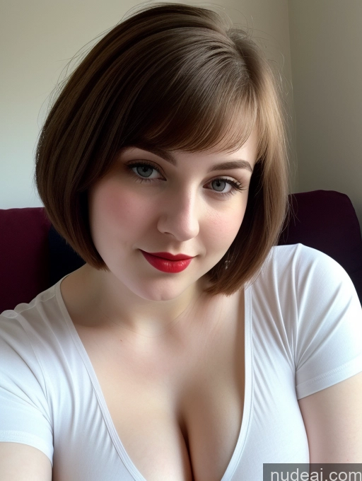 ai nude image of arafed woman with a white shirt and red lipstick posing for a picture pics of Beautiful Fairer Skin Thick 18 Brunette Bobcut Russian Close-up View Lipstick Shirt Perfect Boobs Busty