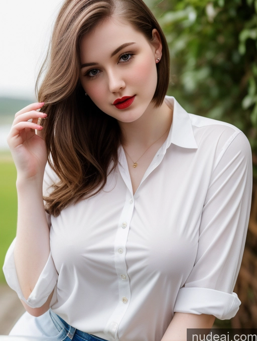 ai nude image of arafed woman in a white shirt and blue jeans posing for a picture pics of Beautiful Fairer Skin Thick 18 Brunette Bobcut Russian Close-up View Lipstick Shirt Perfect Boobs Busty