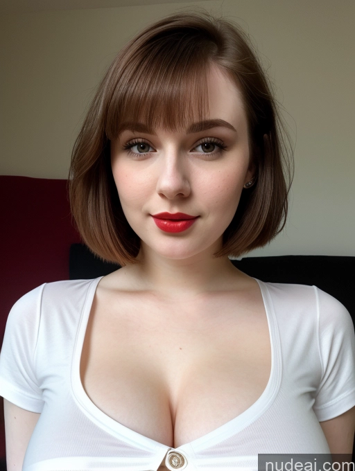 ai nude image of there is a woman with a red lipstick and a white shirt pics of Beautiful Fairer Skin Thick 18 Brunette Bobcut Russian Close-up View Lipstick Shirt Perfect Boobs Busty