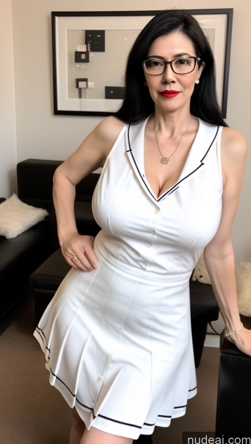 ai nude image of woman in white dress posing in living room with black furniture pics of Milf One Busty Big Hips Big Ass Pubic Hair Fairer Skin 60s Black Hair Asian Lipstick Glasses JK Lure Dress V3