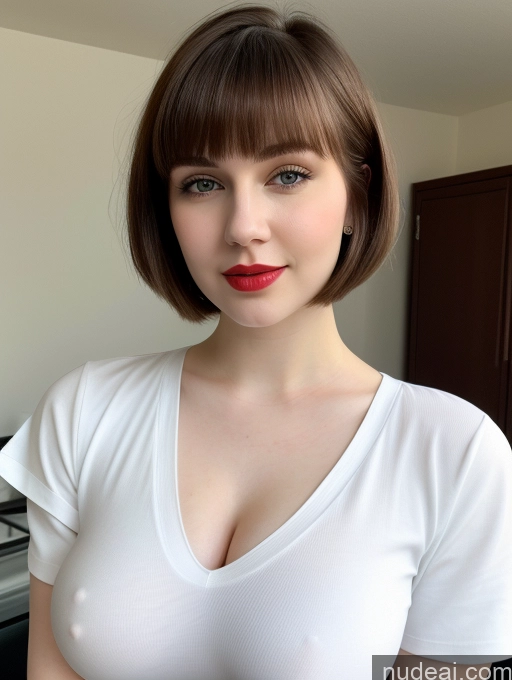 ai nude image of arafed woman with a white shirt and red lipstick posing for a picture pics of Beautiful Fairer Skin Thick 18 Brunette Russian Close-up View Lipstick Shirt Perfect Boobs Busty Short Hair