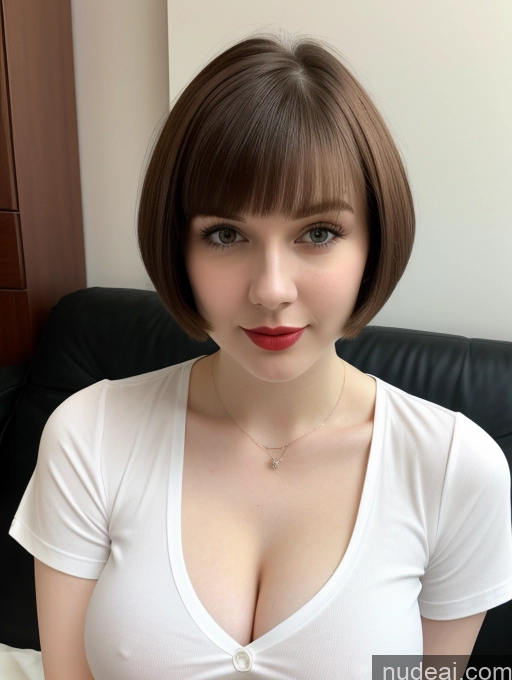 ai nude image of arafed woman with a white shirt and red lipstick posing for a picture pics of Beautiful Fairer Skin Thick 18 Brunette Russian Close-up View Lipstick Shirt Perfect Boobs Busty Short Hair