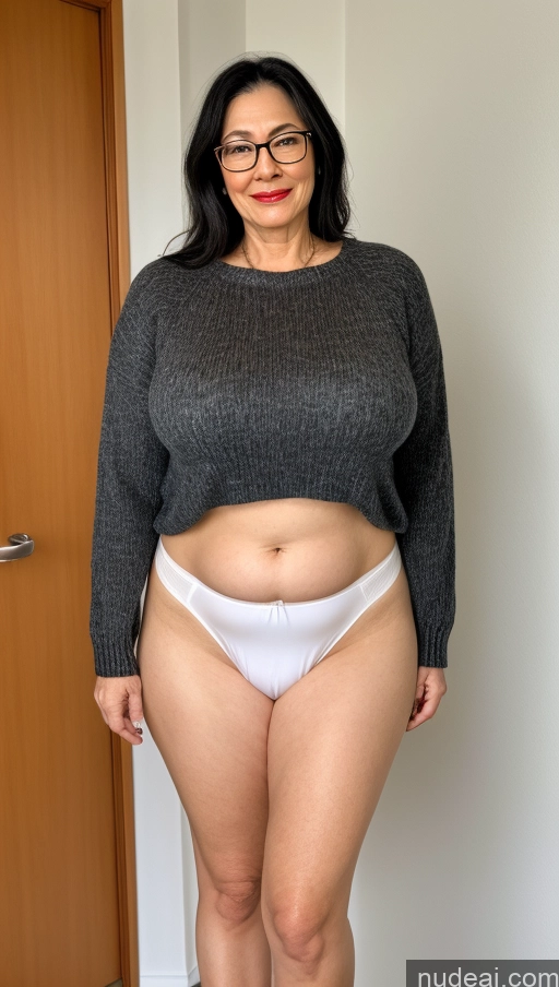 ai nude image of arafed woman in a gray sweater and white panties posing for a picture pics of Milf One Busty Big Hips Big Ass Pubic Hair Fairer Skin 60s Black Hair Asian Lipstick Glasses Skirt Tug Dress Tug Clothes Tug Partially Nude