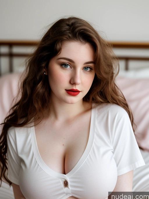 ai nude image of there is a woman with a big breast sitting on a bed pics of Beautiful Fairer Skin Thick 18 Brunette Russian Close-up View Lipstick Shirt Perfect Boobs Busty Messy