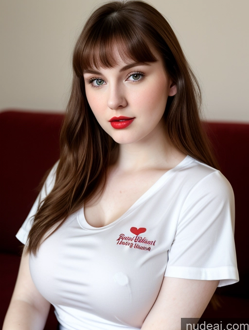 ai nude image of there is a woman sitting on a couch with a red lipstick pics of Beautiful Fairer Skin Thick 18 Brunette Russian Close-up View Lipstick Shirt Perfect Boobs Busty Bangs