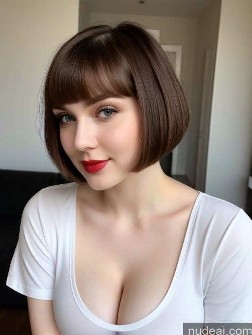 ai nude image of arafed woman with a white shirt and red lipstick posing for a picture pics of Beautiful Fairer Skin Thick 18 Brunette Russian Close-up View Lipstick Shirt Perfect Boobs Busty Short Hair