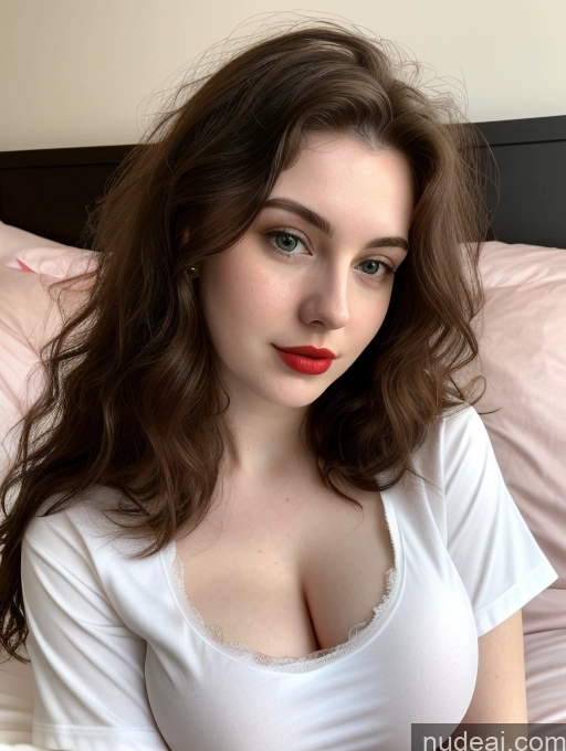 ai nude image of there is a woman with a red lipstick sitting on a bed pics of Beautiful Fairer Skin Thick 18 Brunette Russian Close-up View Lipstick Shirt Perfect Boobs Busty Messy