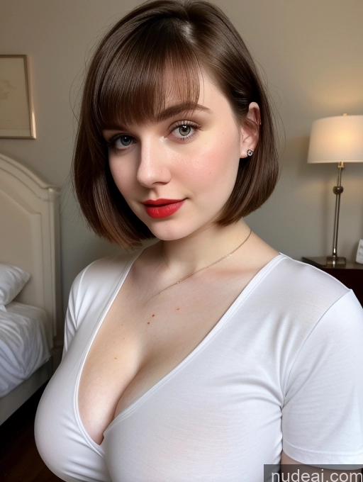 ai nude image of there is a woman with a white shirt and a red lipstick pics of Beautiful Fairer Skin Thick 18 Brunette Russian Close-up View Lipstick Shirt Perfect Boobs Busty Bedroom Bobcut