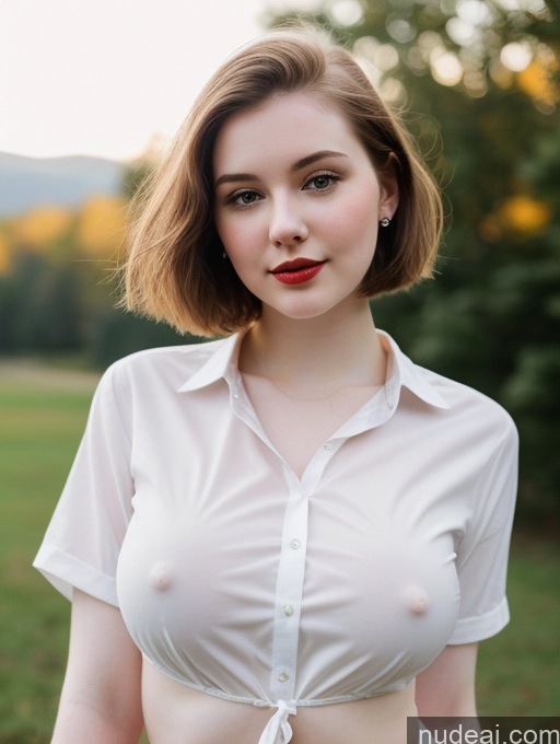 ai nude image of arafed woman in a white shirt posing for a picture pics of Beautiful Fairer Skin Thick 18 Brunette Russian Close-up View Lipstick Shirt Perfect Boobs Busty Bobcut Jumping