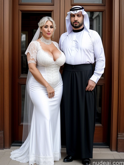 ai nude image of arafed man and woman in traditional attire standing in front of a door pics of Huge Boobs Muscular Big Ass Fat Big Hips 50s White Hair Arabic Front View Partially Nude Victorian Two Woman + Man