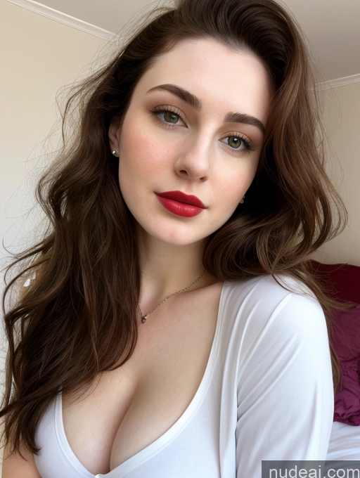 ai nude image of arafed woman with long brown hair and red lipstick posing for a picture pics of Beautiful Fairer Skin Thick 18 Brunette Russian Close-up View Lipstick Perfect Boobs Busty Shirt Bedroom Messy