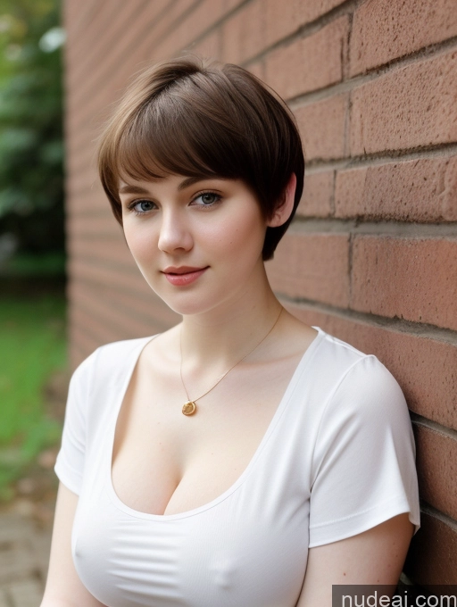 ai nude image of there is a woman leaning against a brick wall with a necklace on pics of Beautiful Fairer Skin Thick 18 Brunette Russian Close-up View Perfect Boobs Busty Shirt Short Hair