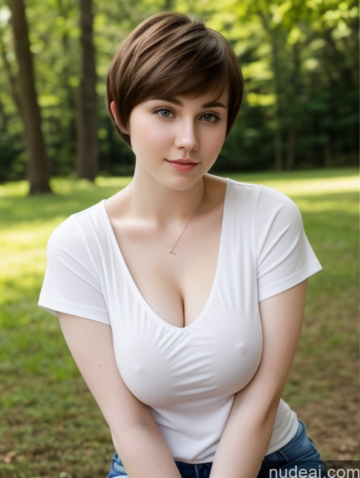 ai nude image of there is a woman sitting on a bench in a park pics of Beautiful Fairer Skin Thick 18 Brunette Russian Close-up View Perfect Boobs Busty Shirt Short Hair