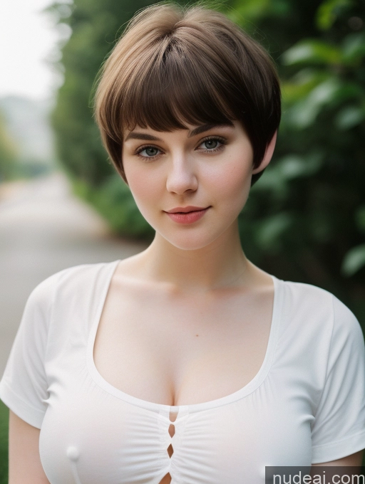 ai nude image of there is a woman with a white shirt posing for a picture pics of Beautiful Fairer Skin Thick 18 Brunette Russian Close-up View Perfect Boobs Busty Shirt Short Hair