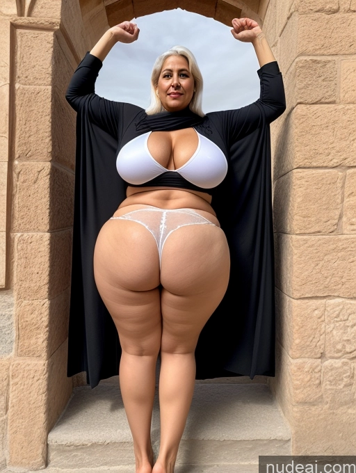 ai nude image of araffe woman in a white bikini and black cape posing for a picture pics of Milf Two Huge Boobs Big Ass Fat Big Hips 50s White Hair Arabic Partially Nude Medieval Cleavage Dynamic View T-pose