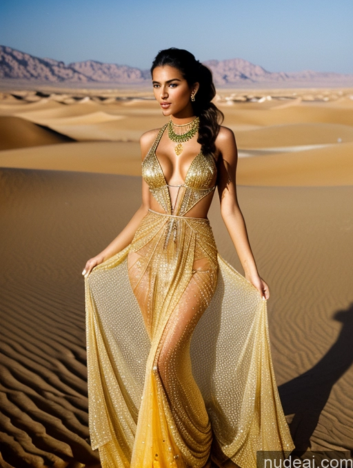 related ai porn images free for Miss Universe Model One Tanned Skin Beautiful 18 Seductive Black Hair Ponytail Arabic Film Photo Desert Front View Medieval Gold Jewelry Detailed Transparent