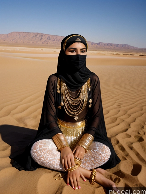 ai nude image of araffe woman in a black and gold outfit sitting in the desert pics of Miss Universe Model One Tanned Skin Beautiful 18 Seductive Black Hair Ponytail Arabic Film Photo Desert Gold Jewelry Detailed Spreading Legs Traditional Niqab Transparent