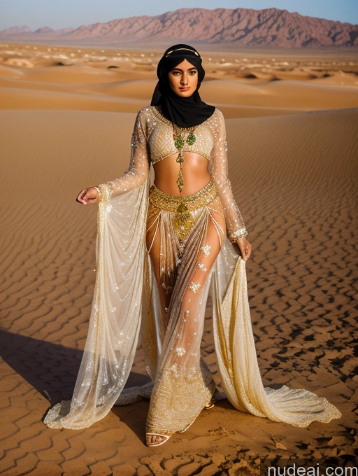 ai nude image of araffe woman in a white outfit and head scarf in the desert pics of Miss Universe Model One Tanned Skin Beautiful 18 Seductive Black Hair Ponytail Arabic Film Photo Desert Gold Jewelry Detailed Spreading Legs Traditional Niqab Transparent