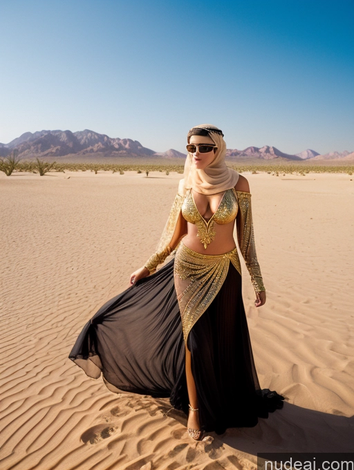 ai nude image of araffe in a desert with a long skirt and sunglasses pics of Miss Universe Model Tanned Skin Beautiful 18 Seductive Black Hair Ponytail Arabic Film Photo Desert Gold Jewelry Detailed Spreading Legs Traditional Niqab Transparent Busty Big Ass