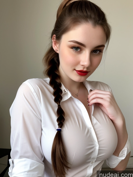 ai nude image of there is a woman with a braid in her hair posing for a picture pics of Beautiful Fairer Skin Thick 18 Brunette Russian Close-up View Perfect Boobs Busty Shirt Ponytail Lipstick