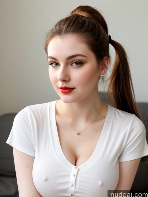 ai nude image of there is a woman with a ponytail and a white shirt pics of Beautiful Fairer Skin Thick 18 Brunette Russian Close-up View Perfect Boobs Busty Shirt Ponytail Lipstick